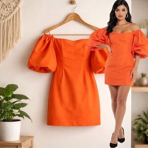 🛍️ MNG orange off shoulder puffy bell sleeve mid dress size medium